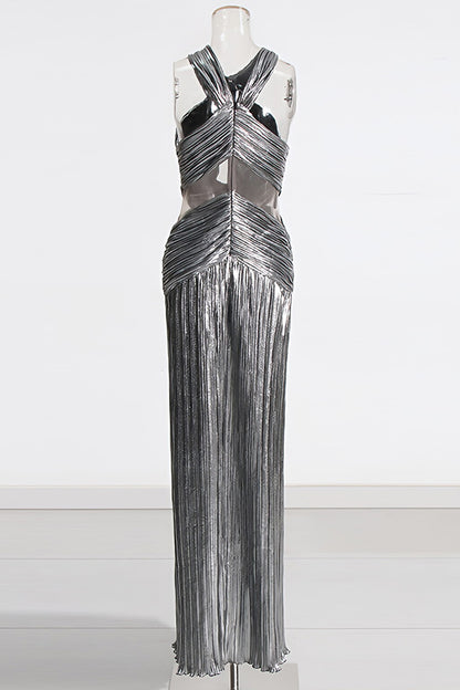 Silver Satin Cross Neck Long Dress