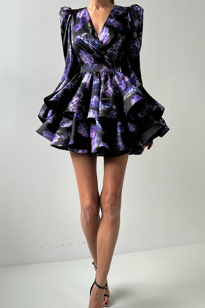 Bubble Sleeve Printed Short Puffy Dress