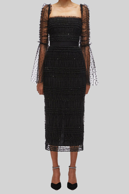 Black Square Neck Long Sleeve Lace Midi Dress