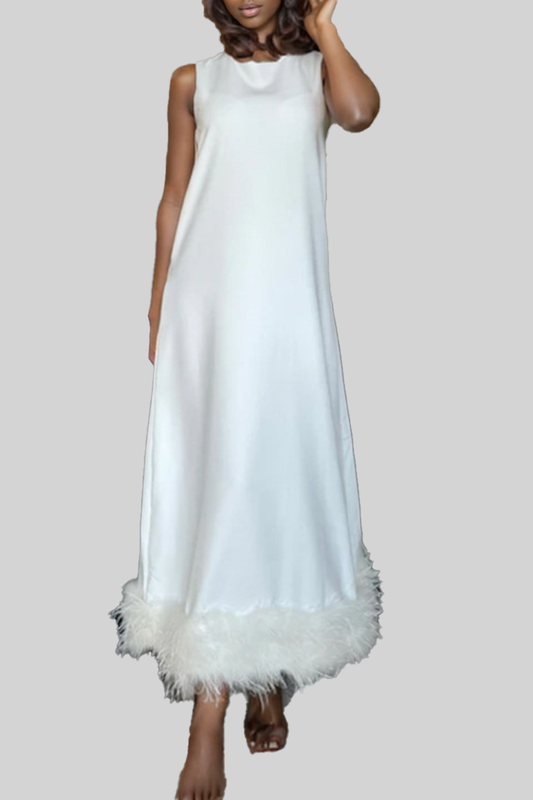 Elegant Round Neck Feather Patchwork Long Dress