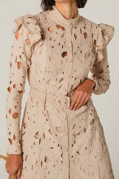 Khaki Embroidered Hollow Out Floral Ruffle Midi Dress