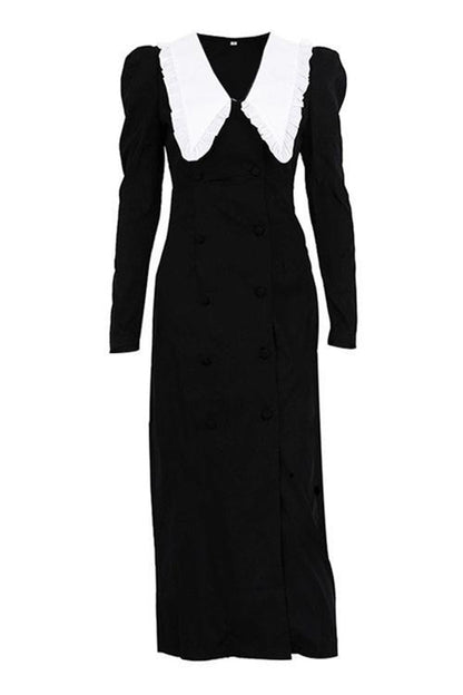 Black Swallow Neck Collision Color Long Sleeve Split Midi Dress