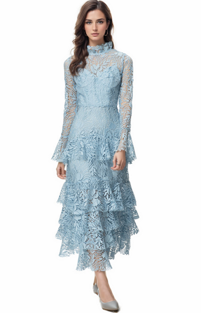 Stand Collar Trumpet Long Sleeve Lace Midi Dress