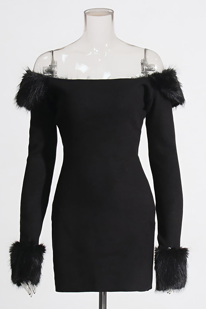 Black Strapless Furry Long Sleeve Short Dress