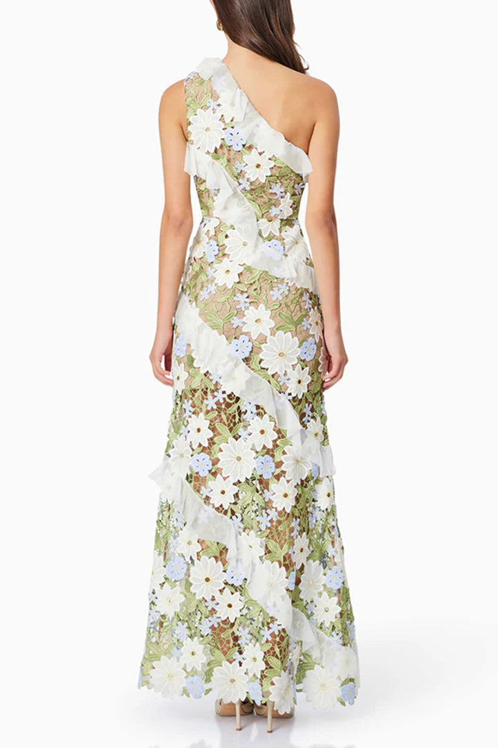 Green Slant Shoulder Floral Embroidered Maxi Dress