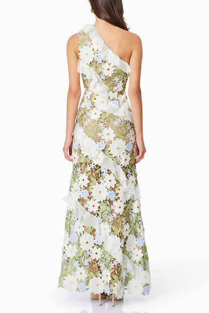 Green Slant Shoulder Floral Embroidered Maxi Dress