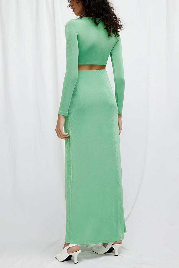 Light Green Round Neck Long Sleeve Dress