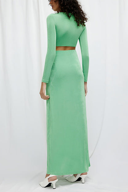 Light Green Round Neck Long Sleeve Dress