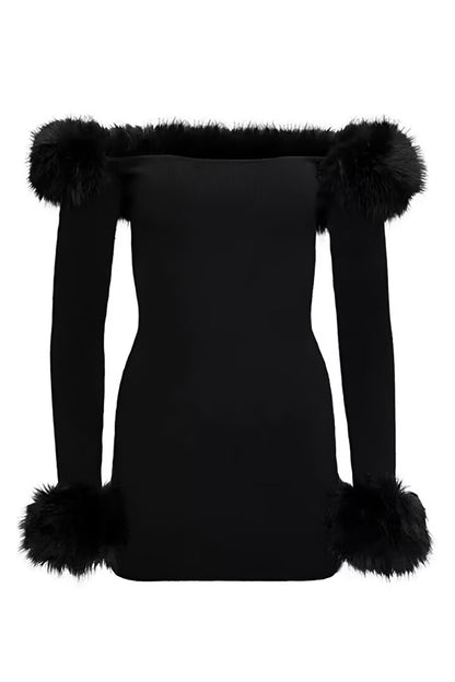 Black Strapless Furry Long Sleeve Short Dress