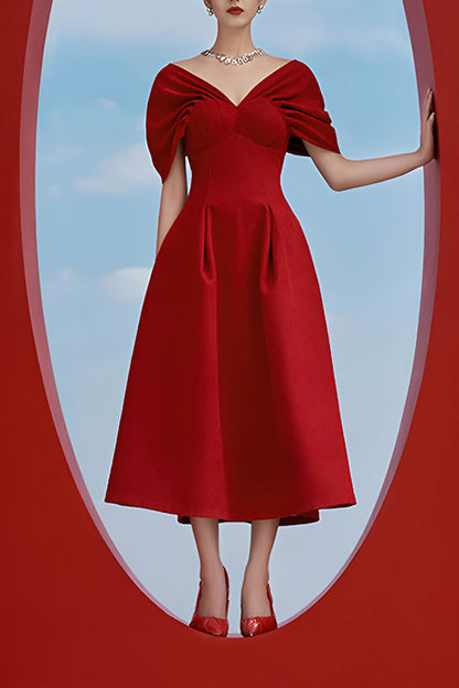 Christmas Red Pleated Wrap Shoulder Midi Dress