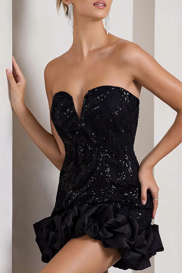 Black Deep V Sheath Sequin Ruffle Dress