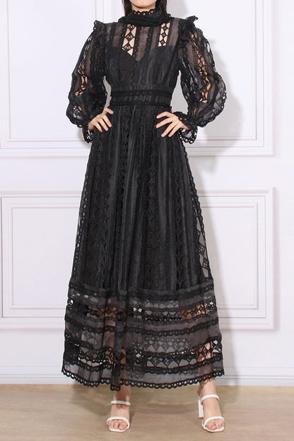 Vintage Embroidered Hollow Long Sleeve Midi dress