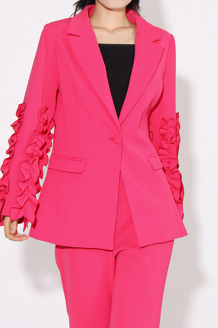 Rose Red Ruffled Long Sleeve Suit