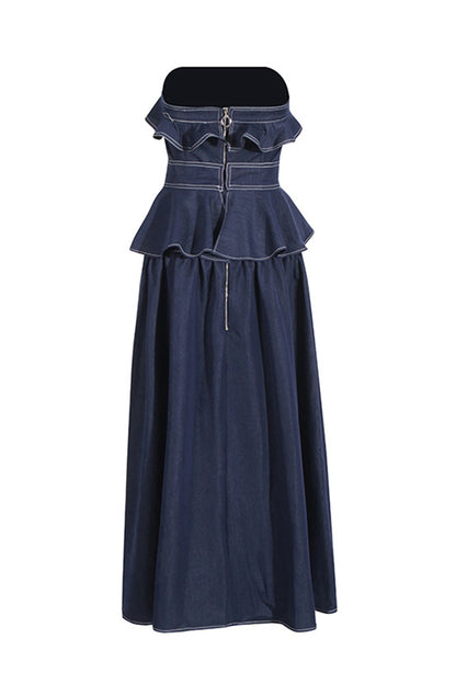 Blue Sheath Denim Wood Earring Midi Dress