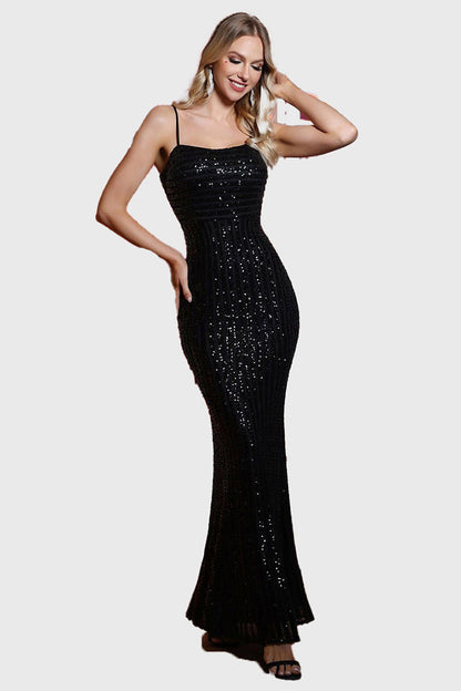 Black Sequined Spaghetti Strap Maxi Dress