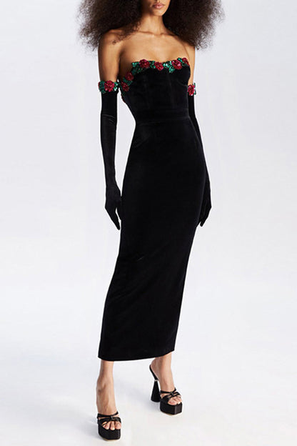 Black Sheath Floral Beaded Velvet Long Dress