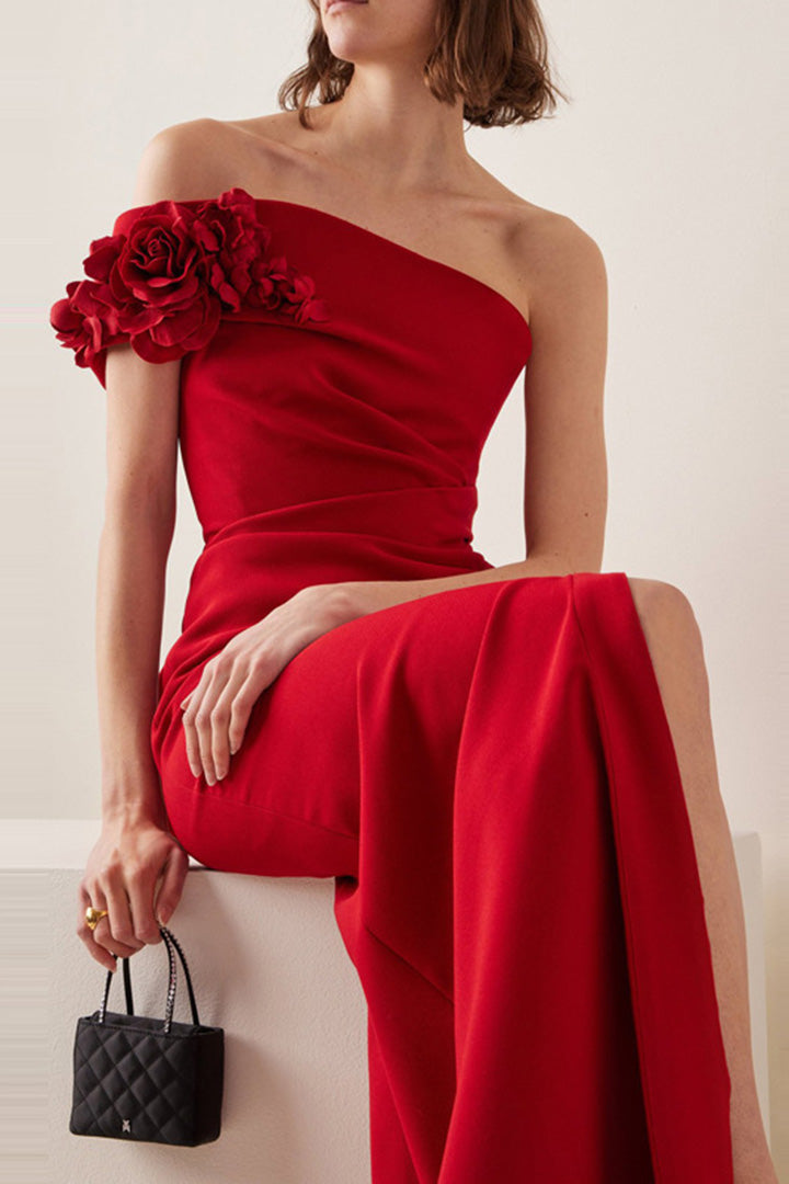 Red One Shoulder Flower Embellished Maxi Dress