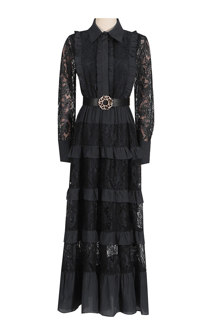 Lace Embroidered Long Sleeve Ruffle Midi Dress