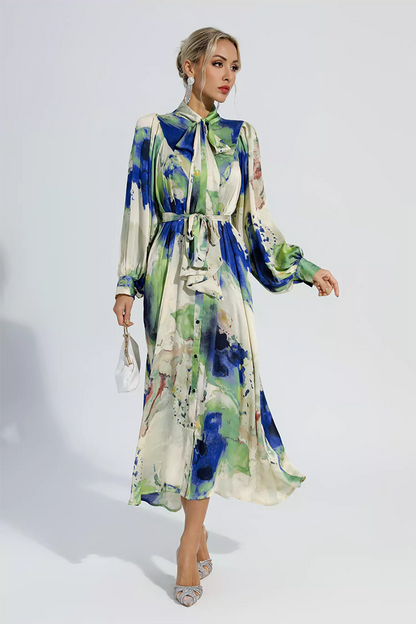 Green Floral Tie Dye Long Sleeves Maxi Dress