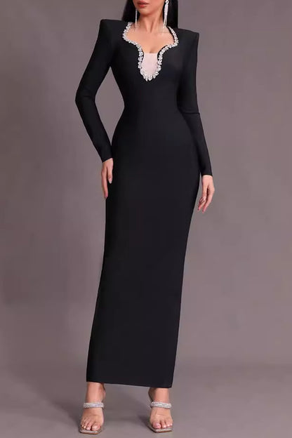 Long Sleeve Diamond Embellished Maxi Dress