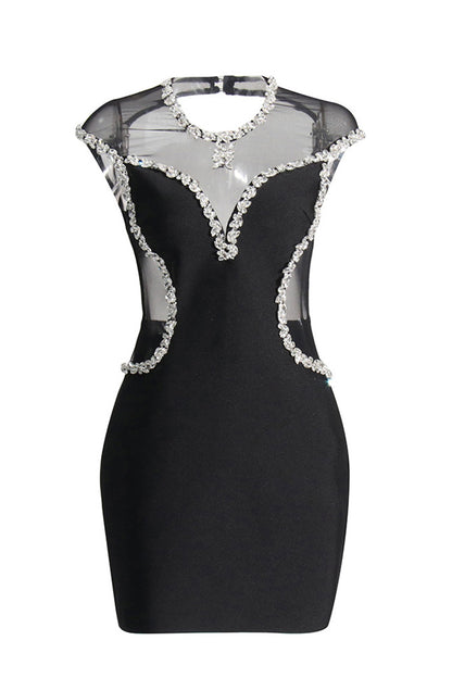 Black Rhinestone Mesh Patchwork Short Dress