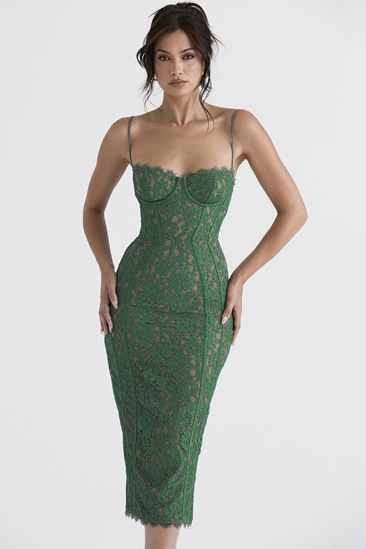 Green Lace Camisole Split Midi Dress