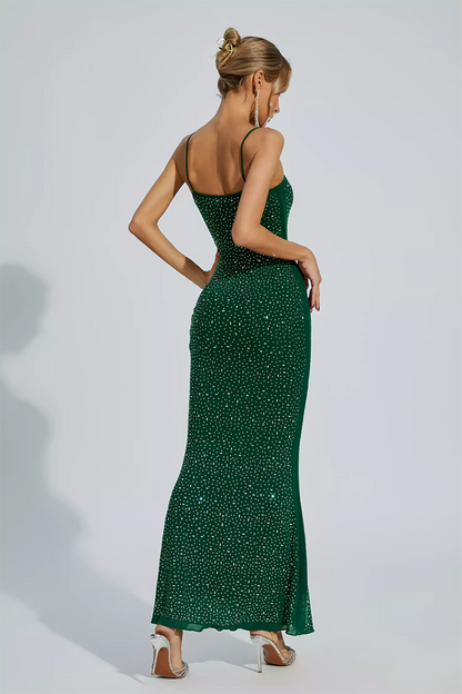 Green Embellished Mesh Maxi Dress