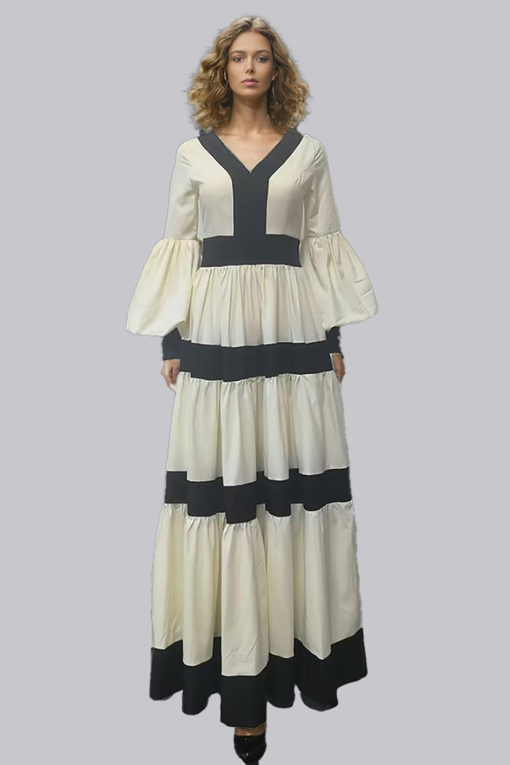 Black White Patchwork Lantern Sleeve Midi Dress