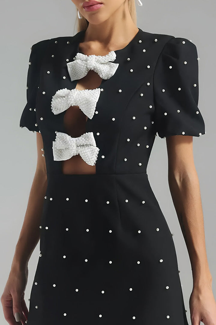 Black Bow Patchwork Rhinestone Mini Dress