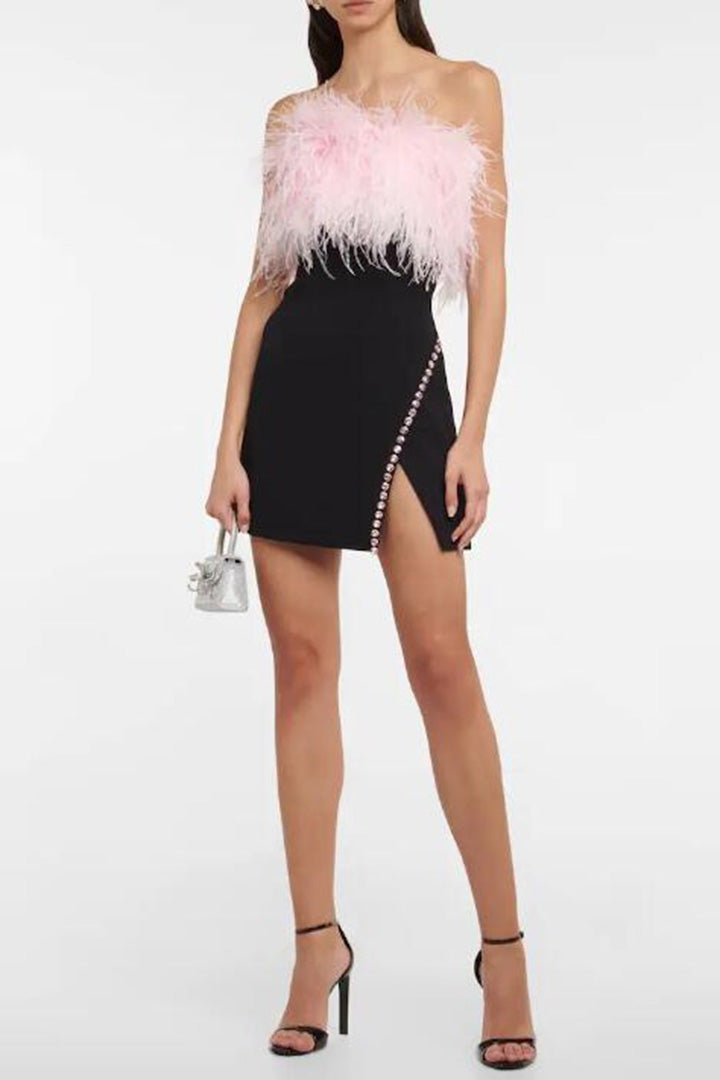 Diamond Chain Sheath Feather Embellished Mini Dress