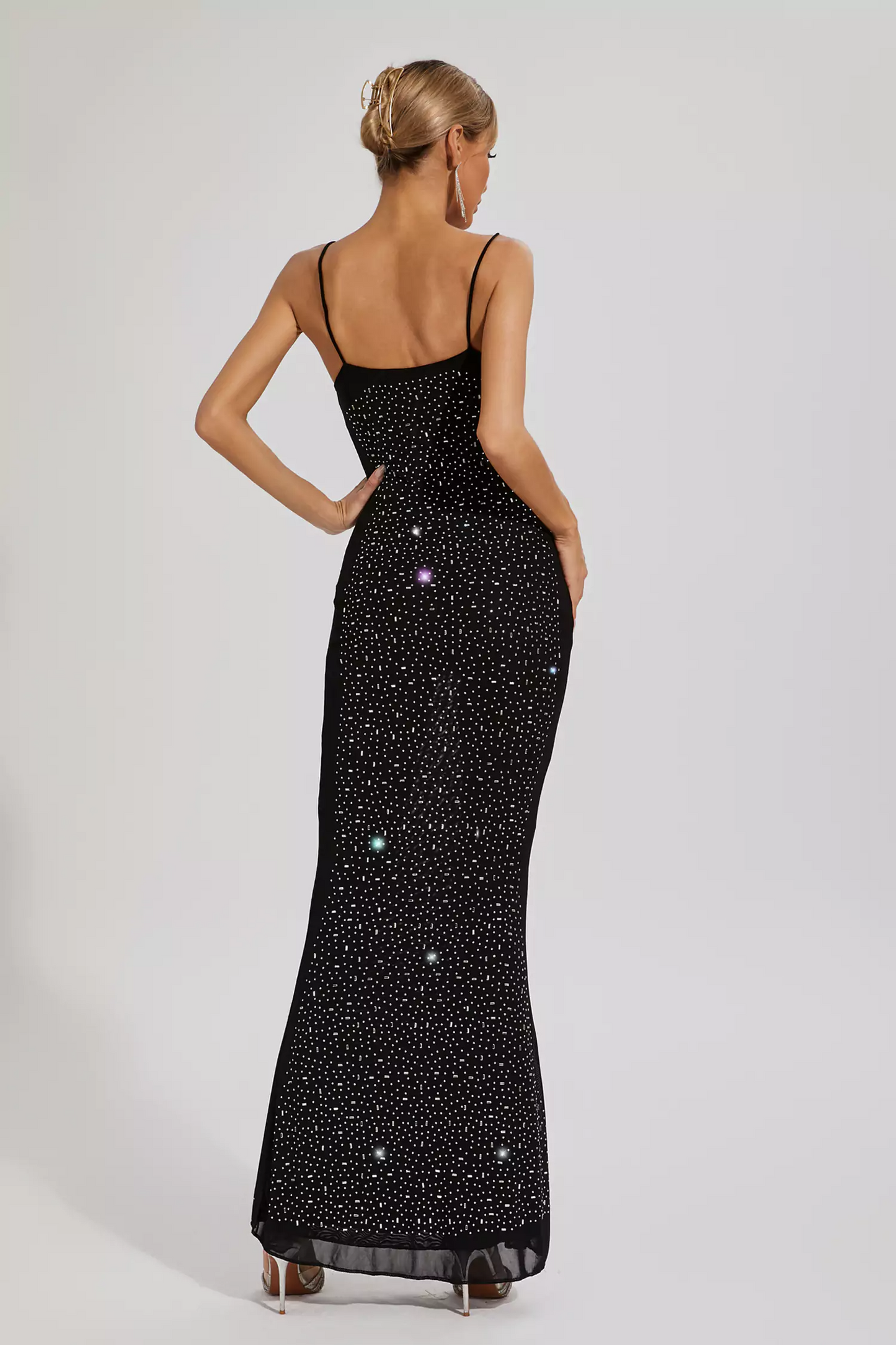 Black Embellished Mesh Maxi Dress