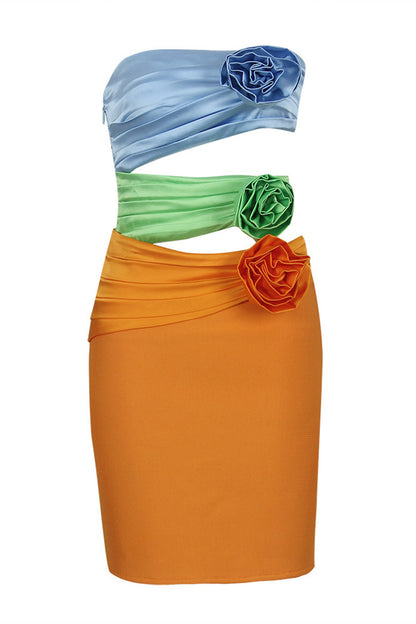 Orange Sheath 3D Floral Colorful Bandage Mini Dress