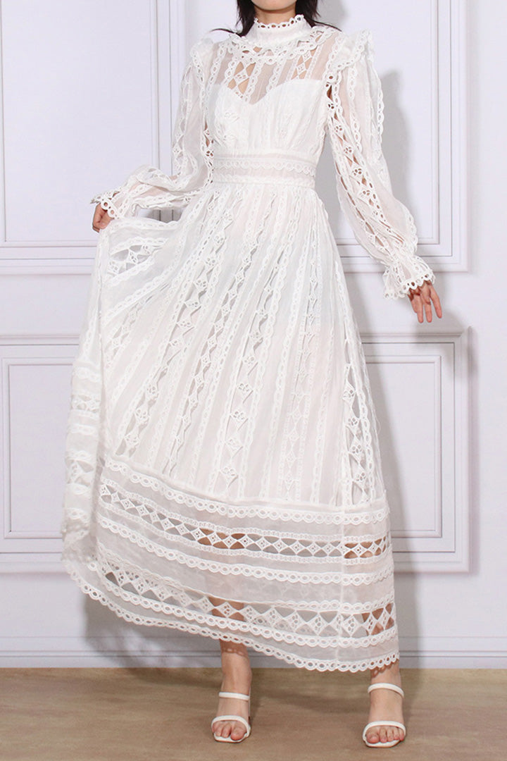 Vintage Embroidered Hollow Long Sleeve Midi dress