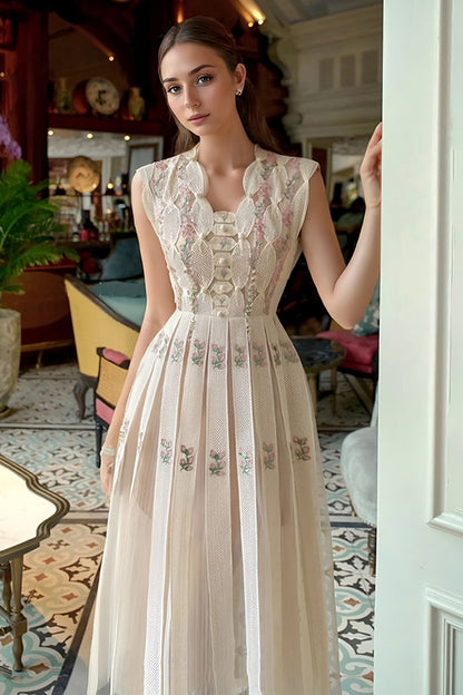 Elegant Beige Lace Floral Embellished Midi Dress