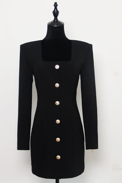 Black Square Neck Mini Dress With Metal Buttons