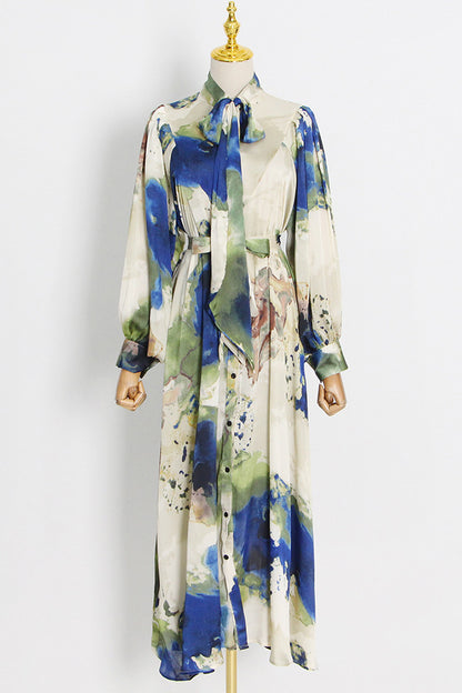 Green Floral Tie Dye Long Sleeves Maxi Dress