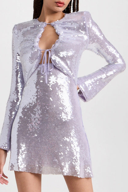 Light Purple Long Sleeve Strappy Sequin Mini Dress