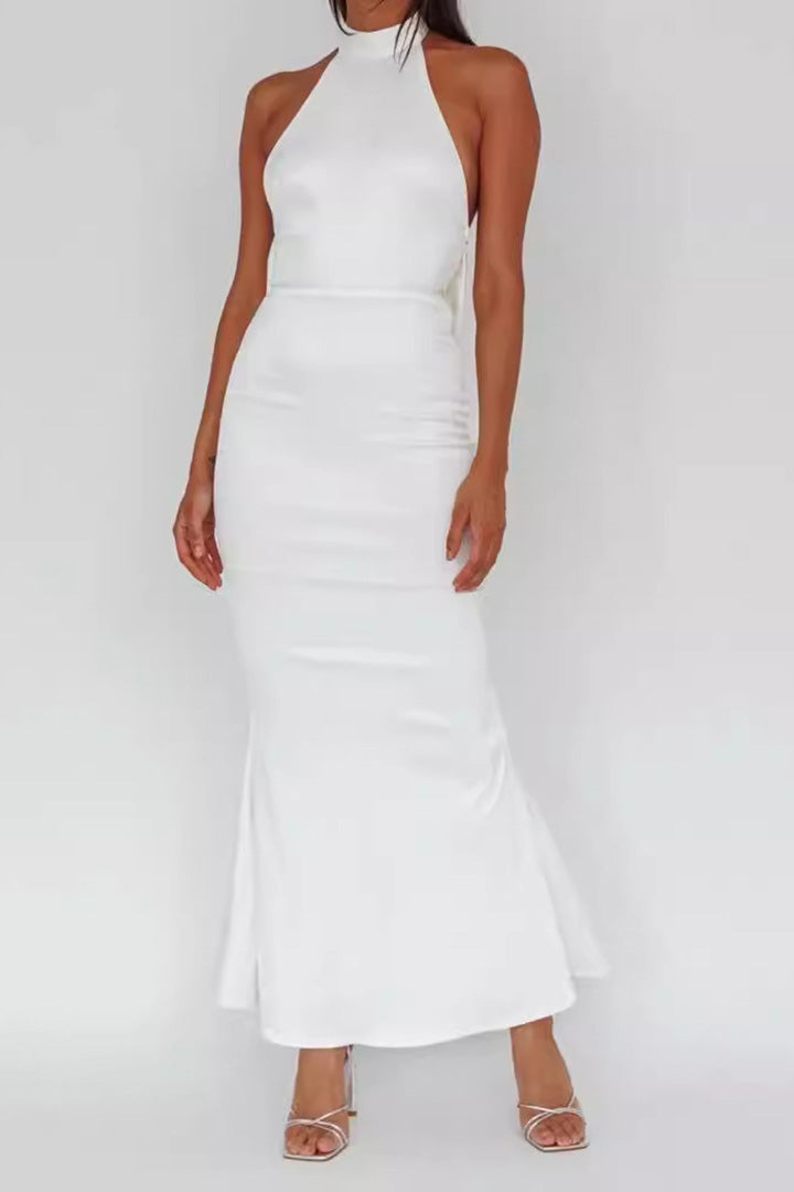 White Satin Backless Bow Long Dress