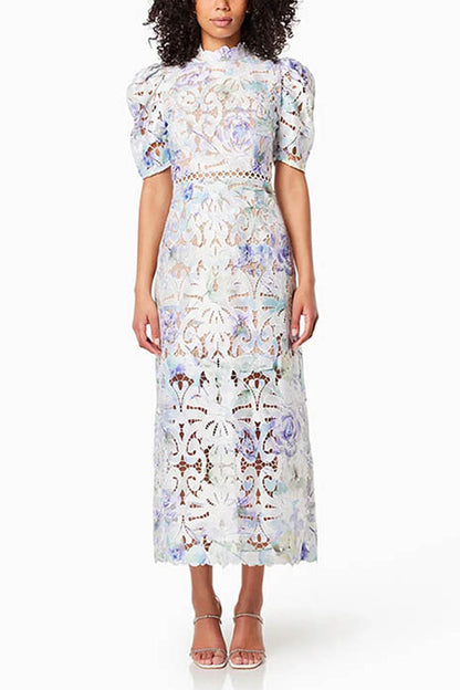 Round Neck Lace Embroidery Midi Dress