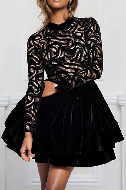 Black Fall Long Sleeve Lace Velvet Mini Dress