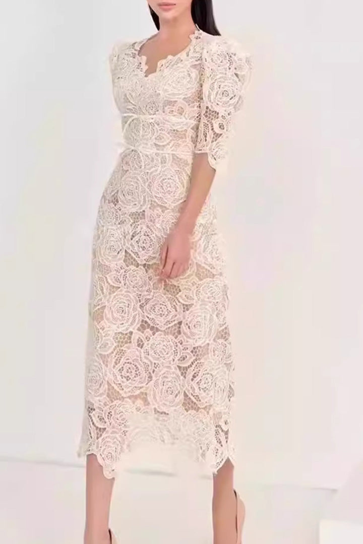 Apricot Elegant V Neck Lace Midi Dress