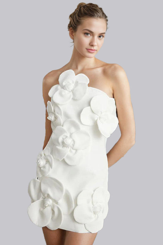 One Shoulder 3D Flower Mini Dress