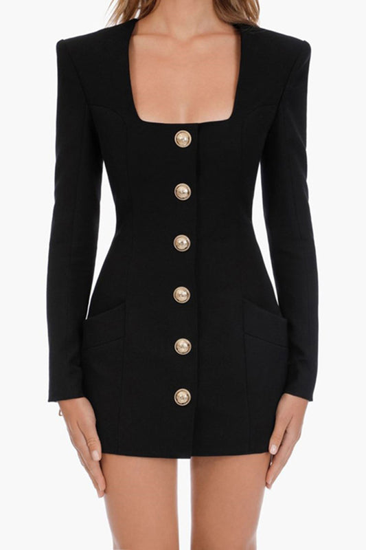 Black Square Neck Mini Dress With Metal Buttons