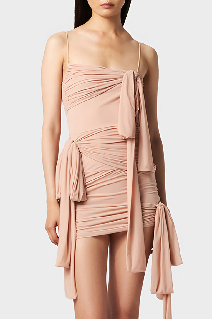 Apricot Halter Bow Pleated Mini Dress