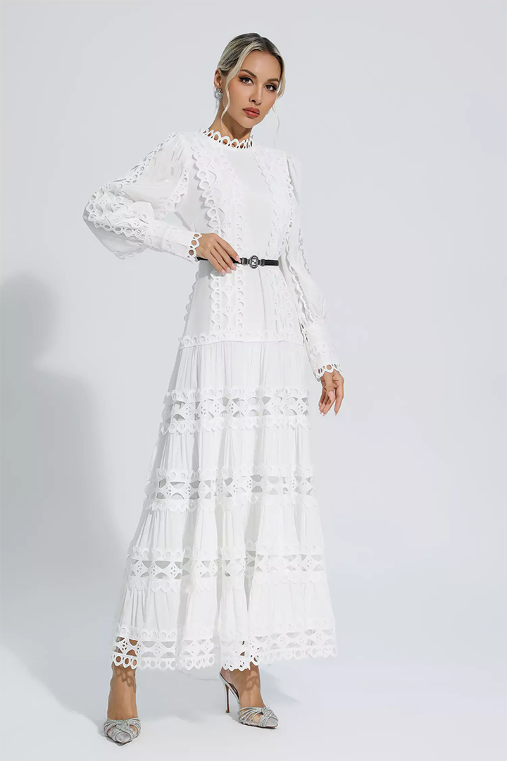 White Hollow Ruffle Maxi Dress