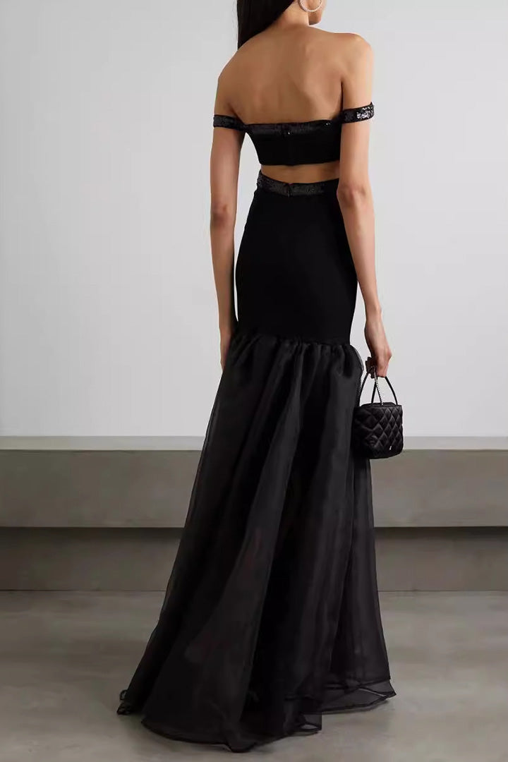 Black Off Shoulder Fishtail Mesh Maxi Dress