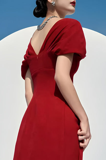 Christmas Red Pleated Wrap Shoulder Midi Dress