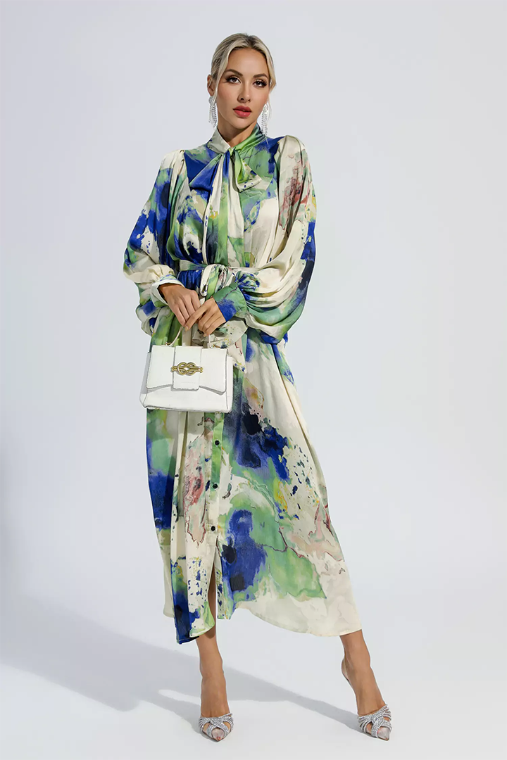 Green Floral Tie Dye Long Sleeves Maxi Dress