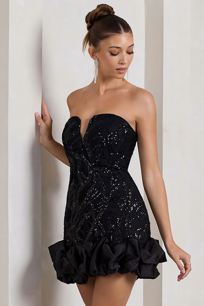 Black Deep V Sheath Sequin Ruffle Dress