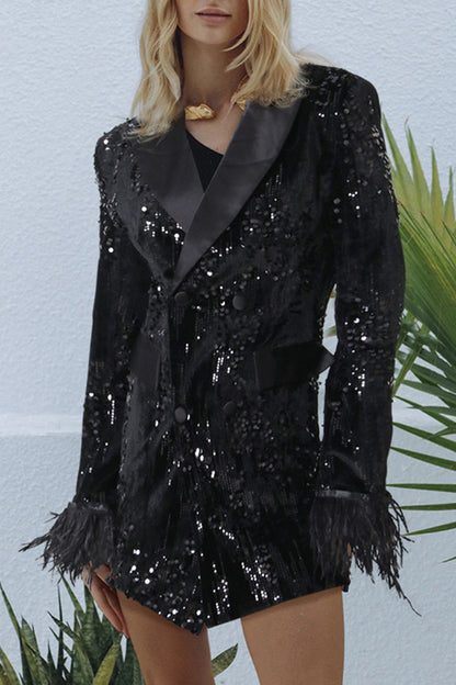 Black Fall Long Sleeve Sequined Feather Patchwork Blazer